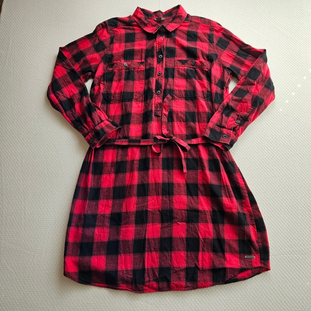 Eddie Bauer Shirt Dress 16 Red Black Buffalo Plaid Flannel Cotton Belted Fall